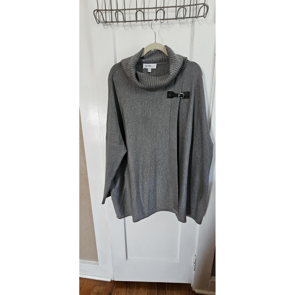 lana lee Women's poncho pull over Sweater long sleeves cowl neck  Sz L/XL gray‎